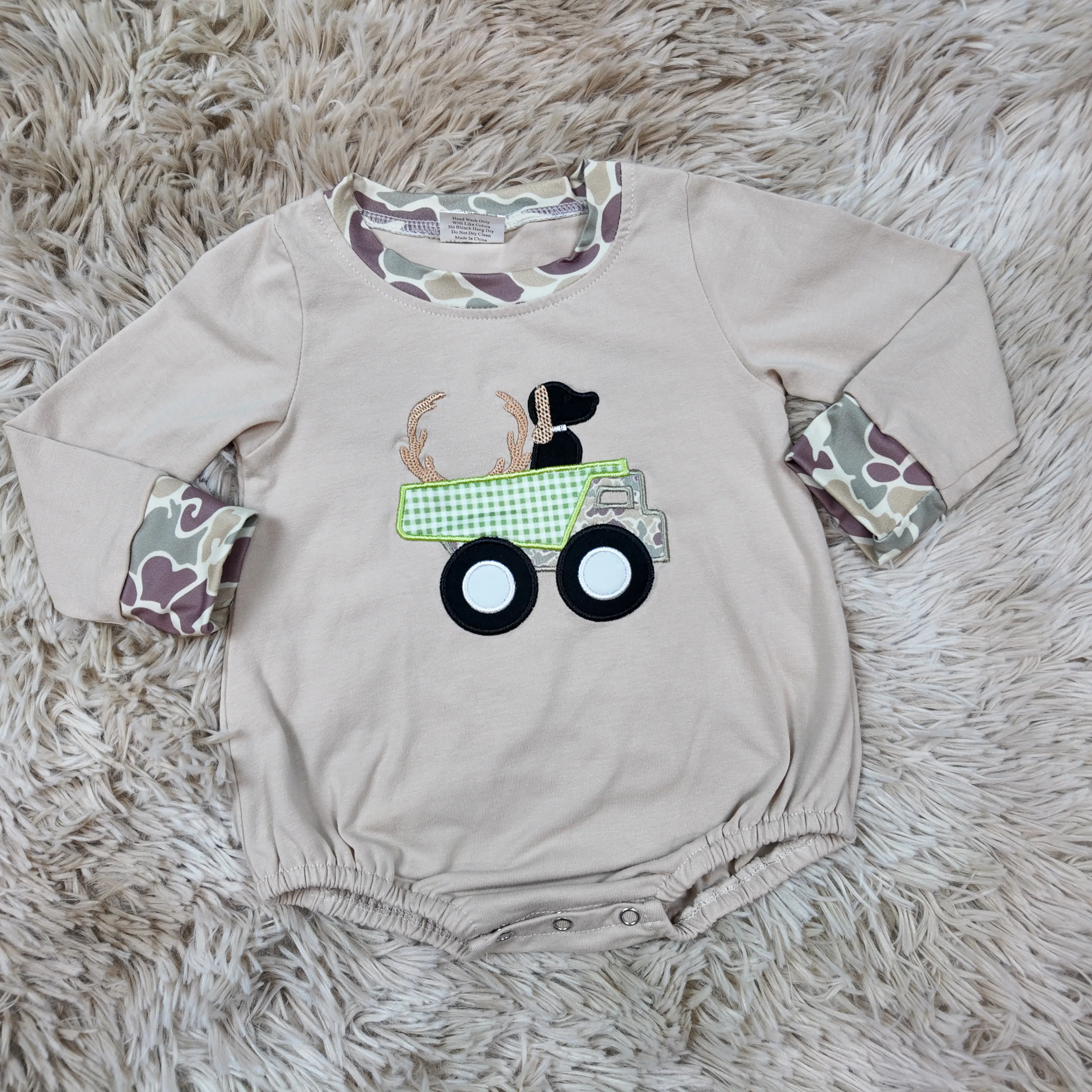 Baby Boy Bubble Romper, Toddler Camouflage Long Sleeve Crew Neck Onesie with Hunting Dog & Deer Embroidery, Toddler Onesies, Bubble Style, 2T, Bodysuit, 0 - 2 Years, All Over Print Baby Boy's Bodysuits & One Pieces