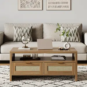 Garvee - Rattan Coffee Table for Living Room, Boho Coffee Tables with 2 Drawers, Modern Coffee Table with Storage Space, Wooden Coffee Table for Home, Oak