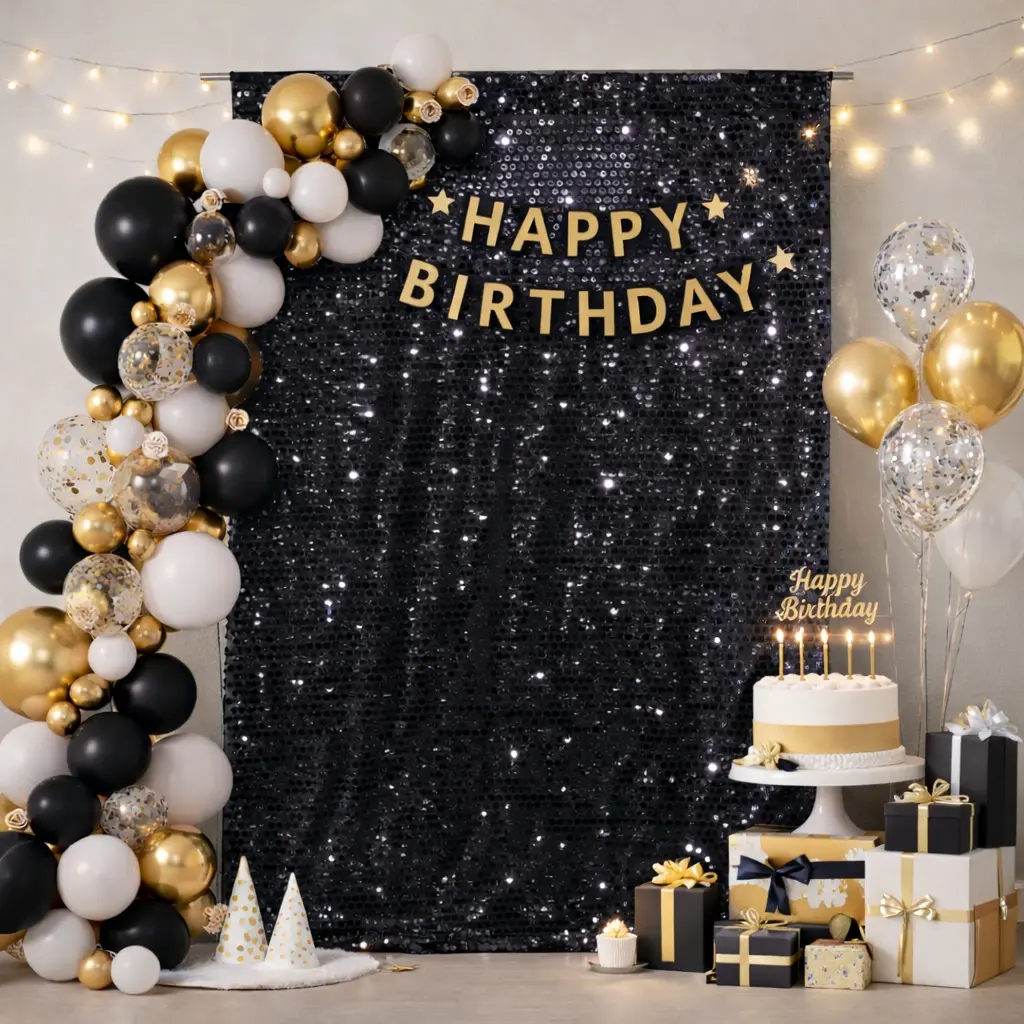 【Decoración para Eventos】U JOY PARTY Black Sequin Backdrop Curtain 9×8 ft | 18mm Large Sequins | Party Photo Booth Background | Wedding, Birthday & All-Occasion Decor