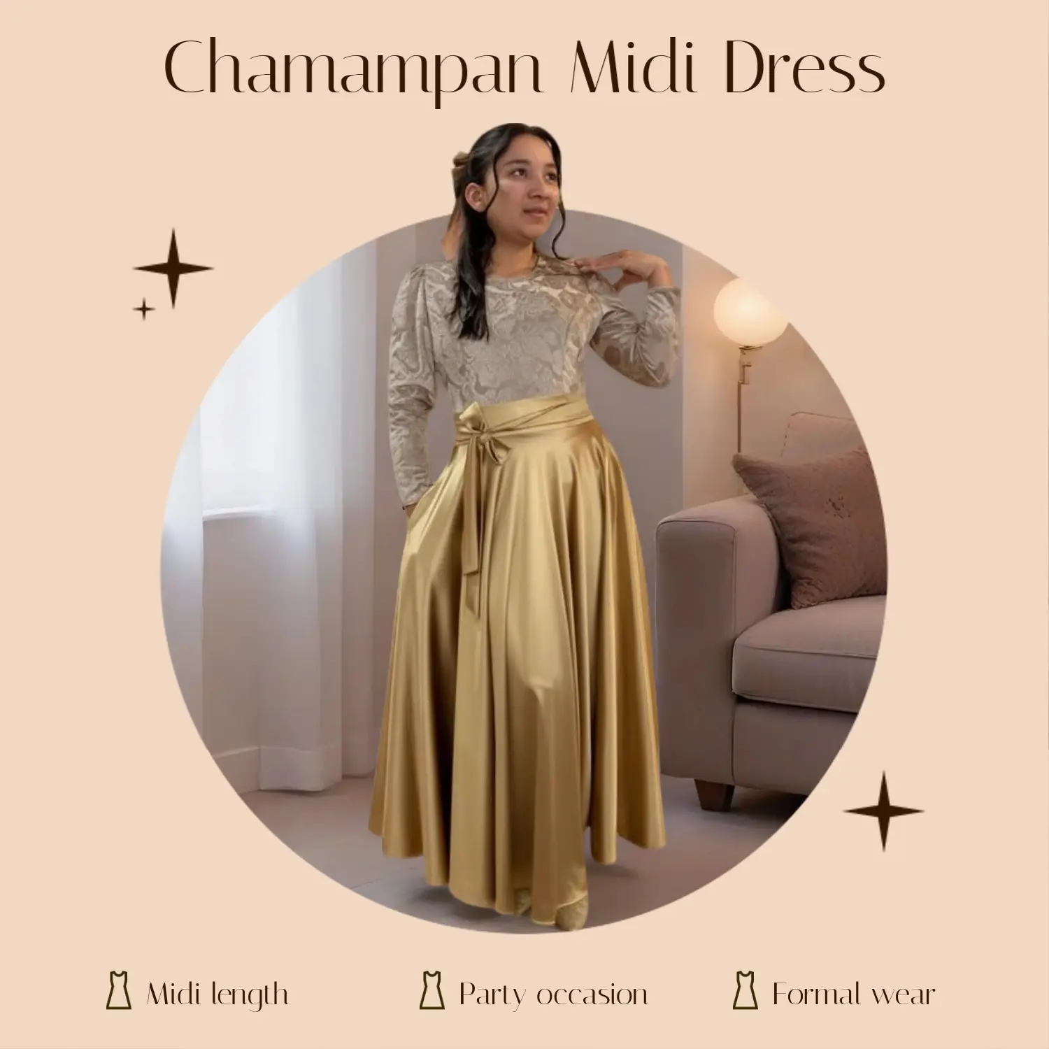 MIDI Champan Elegant Dress Long Sleeve Casual Womenswear Satin