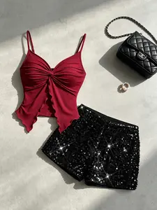 Sexy Crop Top & High-Waist Shorts Set, Nightclub Style, Slimming Two-Piece, Flashy Sequins, Casual Fit, Plain Pattern