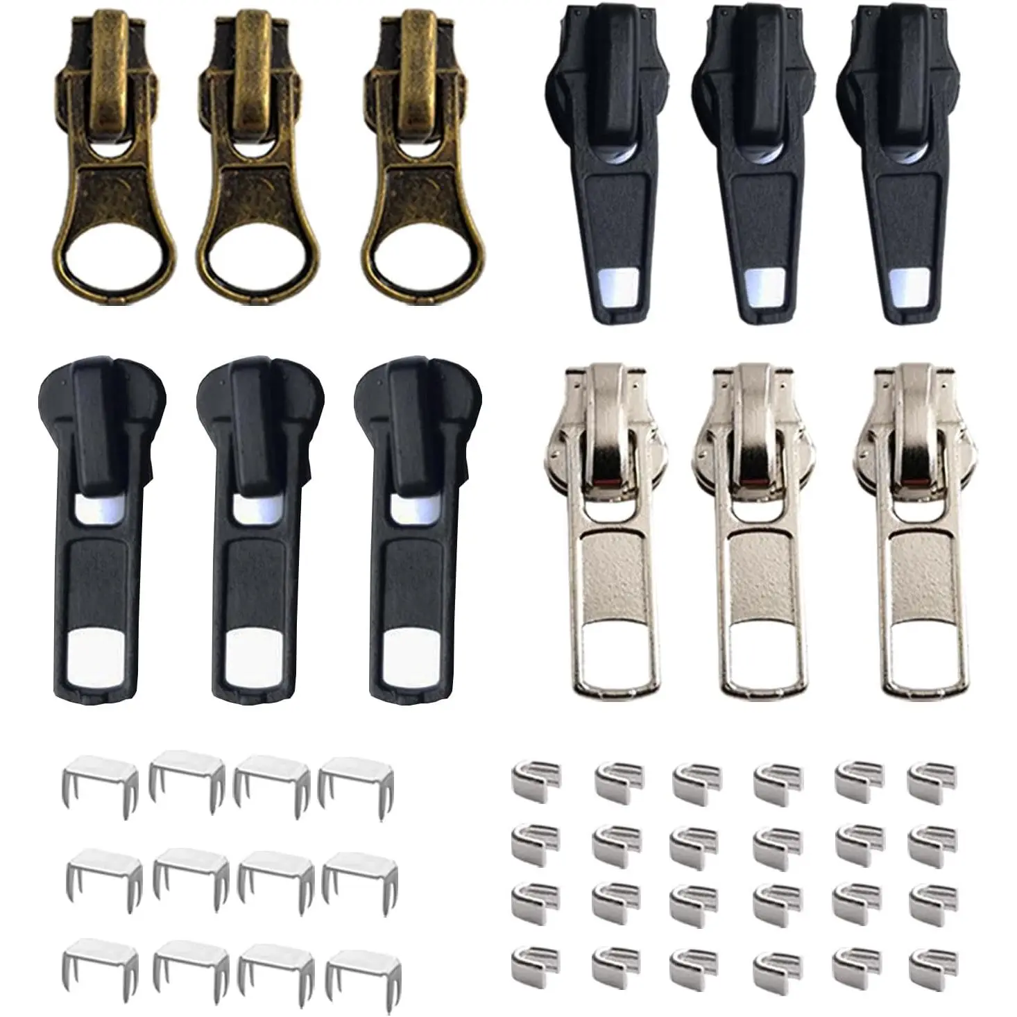 Zipper Repair Kit #5 Zippers Pull 12 count, Sliders, Top Stop & Bottom Replacement, Fix Zip  for Repairing Coats,Jackets with Metal, Plastic and Nylon Coil