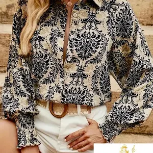 Statement Print Button Up Long Sleeve Blouse Tops Shirts Womenswear Casual Comfortable