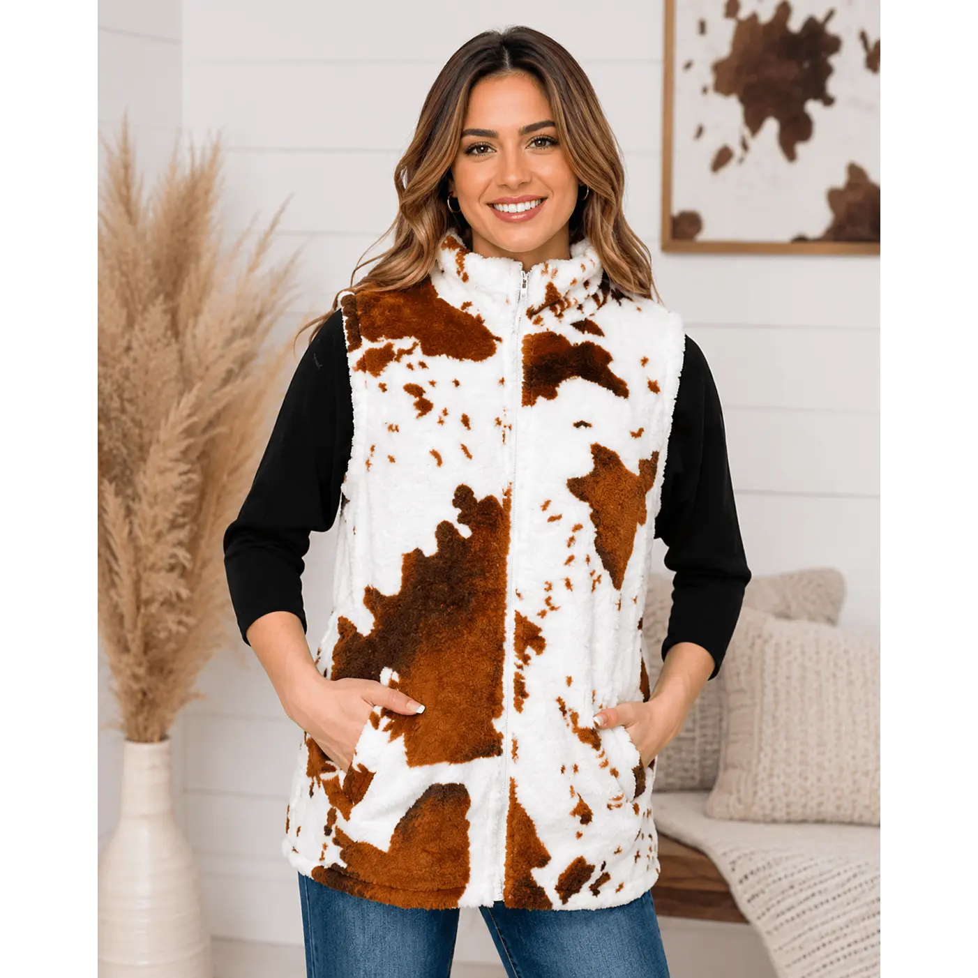 Sherpa Brown Cow Vest Women