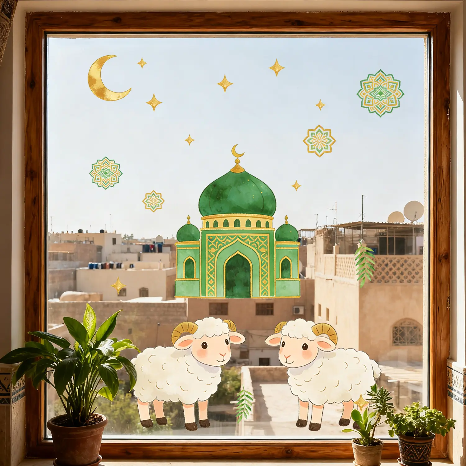 1 Pc 30×60cm Eid Al-Adha Cartoon Lamb Castle Moon Double-Sided Visible Static Window Clings Decorative Stickers Decoration Sticker for Kids Room Home Glass Decor