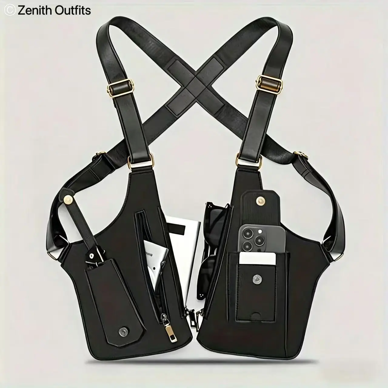 Unisex Double Shoulder Armpit Backpack with Even Weight Straps, Hidden Holster Bag, Anti-Theft Design, Rechargeable LED Headlamp, Roomy Main Compartment - PU Leather Adjustable Hiking Gym Bag for Everyday Use