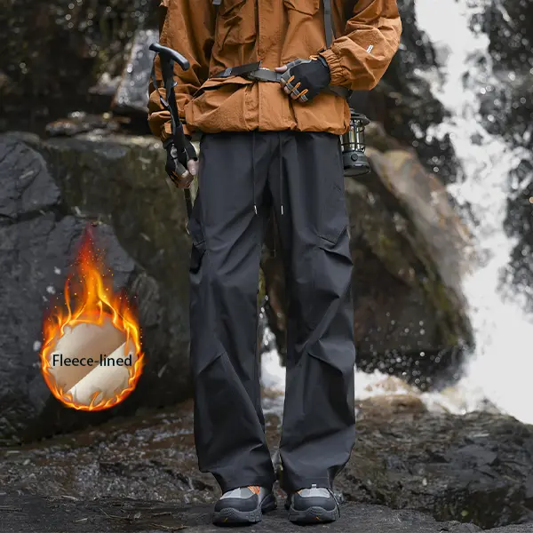 Men's Plain Fleece-Lined Outdoor Work Pants, Menswear, Autumn-Winter Casual Loose Elastic Trousers with Multiple Pockets for Hiking, Mountaineering, Beige