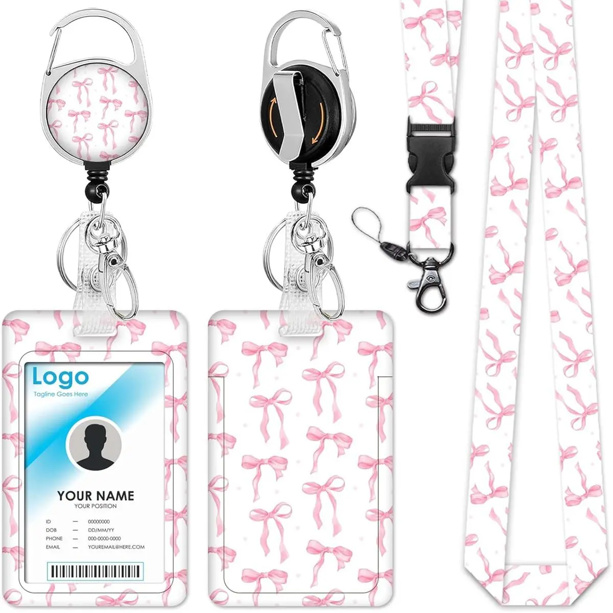 Bowknot Pattern Id Badge Holder Set, Medical Badge Holder, Id Card Holder with Lanyard & Retractable Badge Reel, Personalized Lanyard, Identification Badges Supplies for Nurse Doctor, Office Gadgets Tools, Funny Gift, Decorative Badge