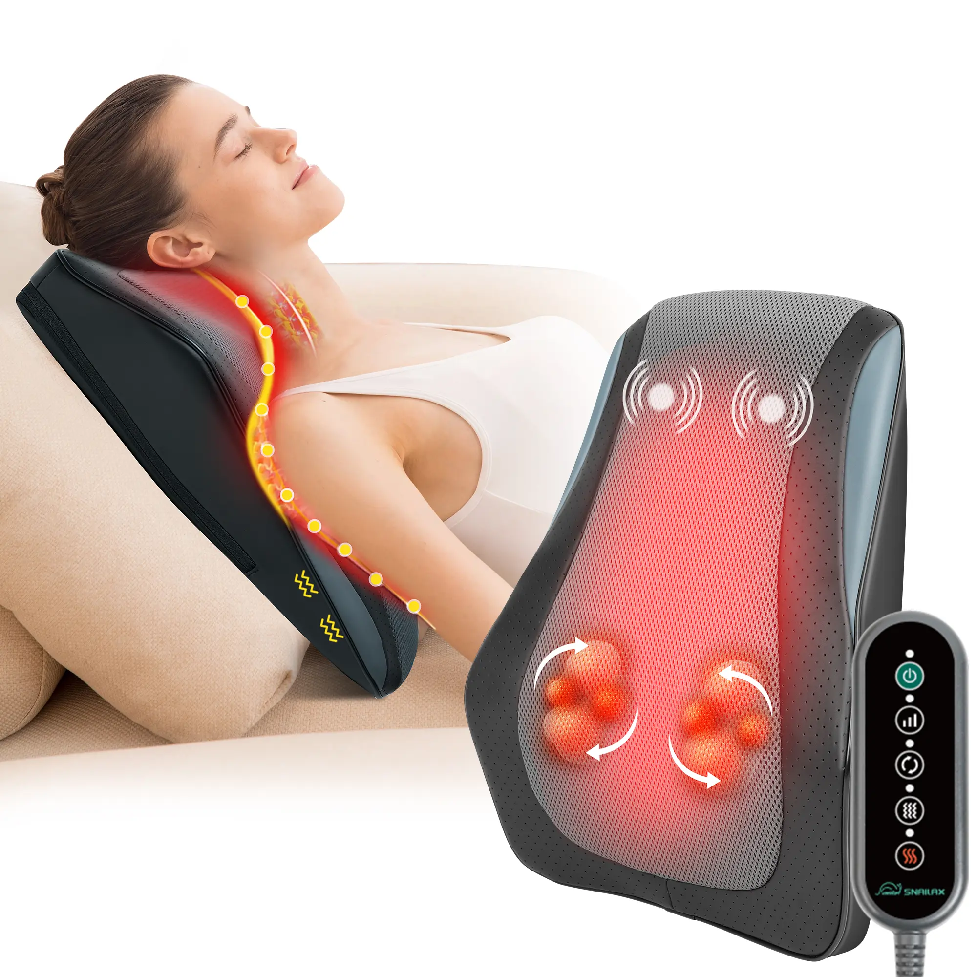 Snailax Shiatsu Back Massage Machine with Heat - 3D Deep Kneading Pillow for Neck, Shoulder, Low Back Pain Relief, 3 Intensity Levels & Vibration, Ideal Father’s Day Relaxing Gift for Neck Care, Home Supplies, Relaxing Gifts, Compact