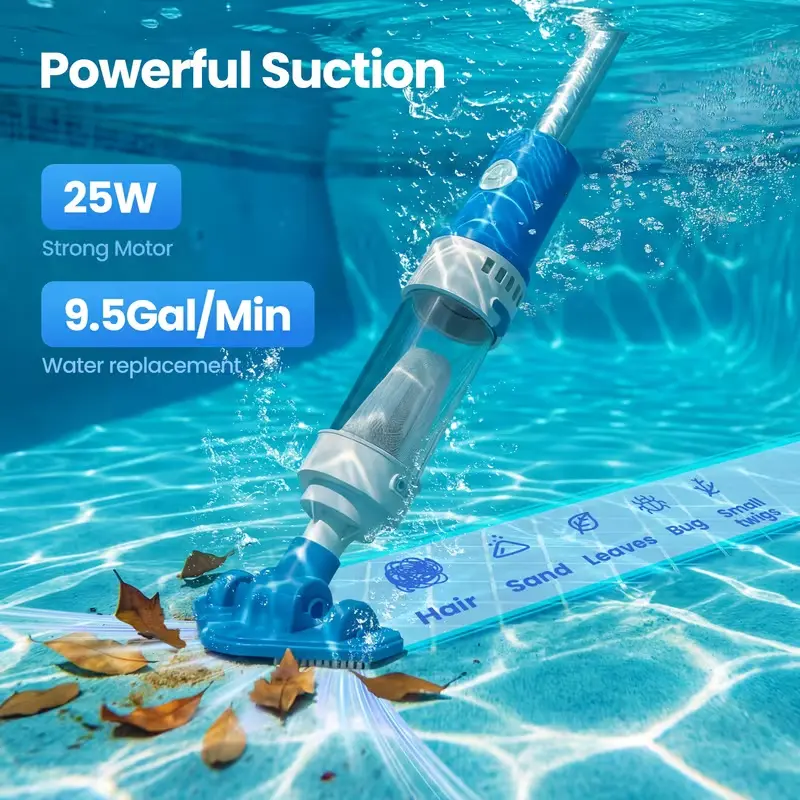 Handheld Pool Vacuum with Telescopic Pole, Cordless Spa, Hot Tub Vacuum for Small Above Ground Pools, 9.5 GPM Strong Suction, 60 Min Runtime, Pool Cleaner with 2 Brush Heads for Leaves, Debris, Hair, Summer Pool Cleaning Must-Have