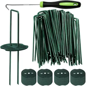 50pcs Green Artificial Turf Stakes Staples + 50pcs Buffer Washer, 6 Inch 11 Gauge Landscape Staples, Galvanized Lawn Spikes, Heavy Duty Yard Ground Pin for Grass Weed Barrier Sod Fabric