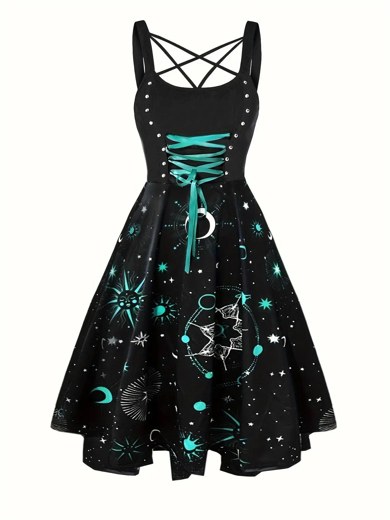 Women's Galaxy Print Lace Up Criss Cross A Line Dress, Aesthetic Punk Fashion Scoop Neck Sleeveless Dress for Party Holiday, Ladies All Seasons Clothes