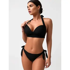 Black Halter Bikini Set For Women - Push Up Padded Swimsuit With Side Tie Bottoms - Adjustable Straps, Removable Cups, Beach Wear, Summer Swimsuits