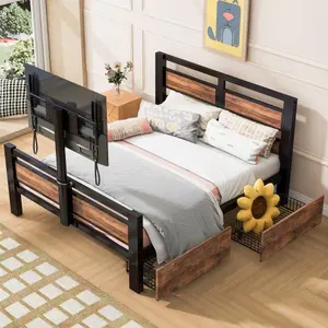 Twin Size Metal Platform Bed with Rotatable TV Stand & 2 Storage Drawers,Multifunctional Storage Bedframe W/Wood Headboard & Footboard,Industrial Modern Style,No Box Spring Needed,Black