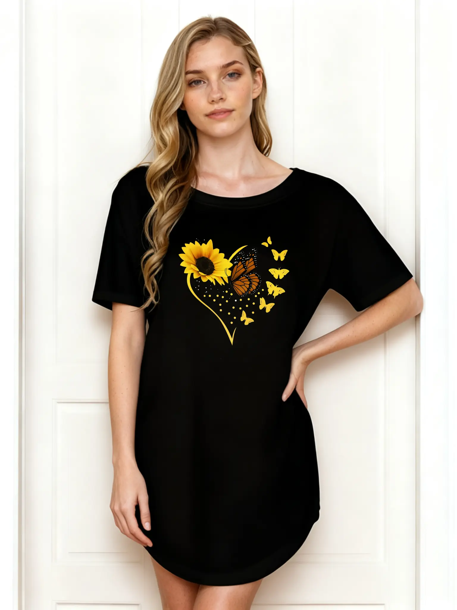 Women's Short-Sleeve Casual Summer Polyester Dress - Sunflower, Butterfly & Heart Print, Loose Style, Wear-Resistant Wrinkle-Resistant Fabric for Daily Wear