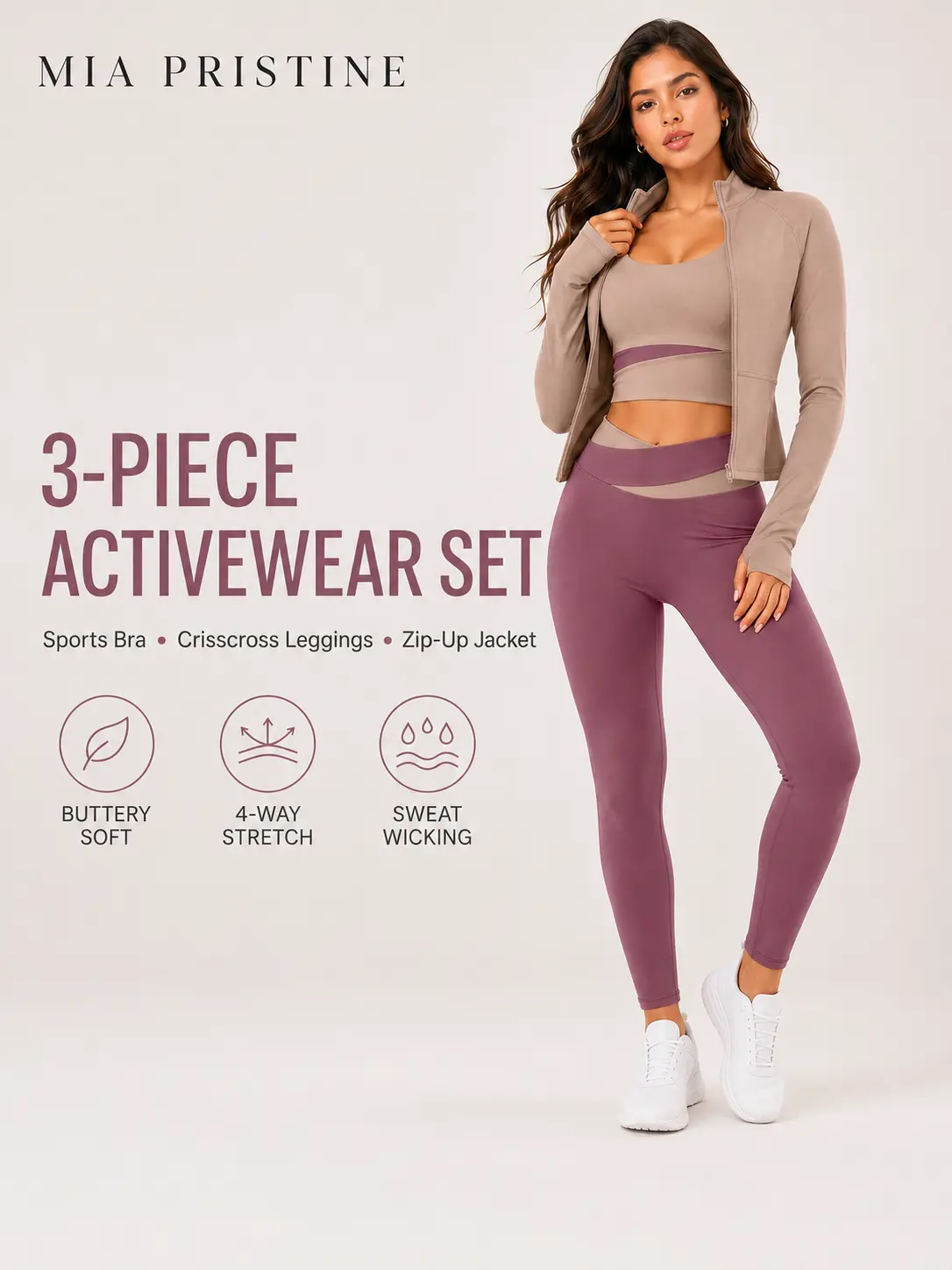 MIA PRISTINE 3 Piece Activewear Set for Women, Crisscross High Waist Leggings, Supportive Sports Bra and Zip Up Jacket, Matching Workout Outfit for Yoga Gym Casual, Workout Sets Women, Female, All Seasons