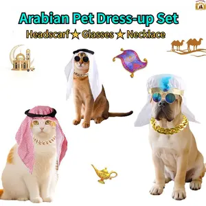 Arabian Pet Headscarf + Glasses + Necklace Set Outfits | Middle Eastern Style Costume | Ramadan & Pet Party Essential