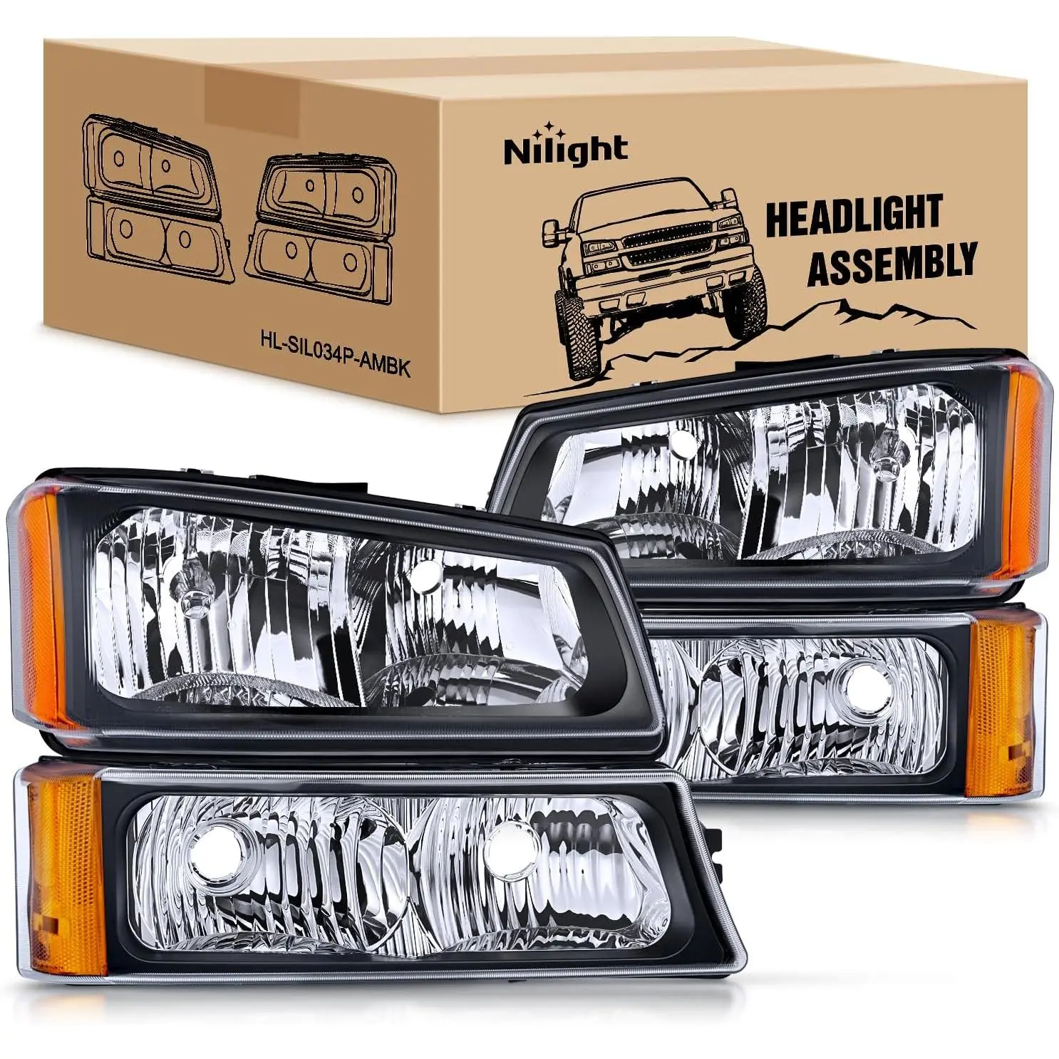 Nilight Headlight & Bumper Lamp Set - Plug-N-Play Car Lighting Upgrade, DOT/SAE Safe, IP65, OE Standard Replacement for 2003-2006 Chevy Silverado, Avalanche 1500/1500HD/2500/2500HD/3500 Pickups, UV/Corrosion Resistant, Anti-Fog Vents for Night Driving