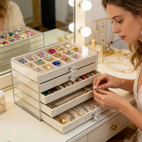 Beige Acrylic Jewelry Organizer Box - Rectangular Modern 5-Drawer Stackable Organizer with Velvet Lining, Dust-Proof Storage for Earrings, Rings, Studs, Ideal for Dresser Vanity, Mother’s Day Gift