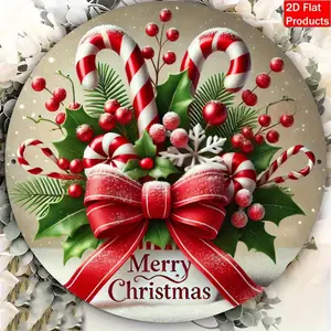 2D Flat Print, 1 Candy Canes Christmas tin Sign - Round Wall Decor with "Merry Christmas" Text, Red and Green Holiday Colors - Durable Outdoor Art, 2D Plane, Xmas Ornamentation, , Commercial Space Decor, Wall Hanging Decor, Merry Christmas Sign,