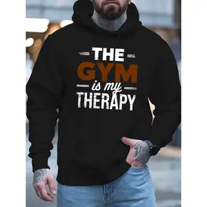 Men's The Gym is my Therapy Graphic Hoodie - Cotton Blend Black Long Sleeve Pullover Regular Fit | Soft & Breathable Fabric, Durable Print, Everyday Comfort, Machine Washable, casual urban outdoor city