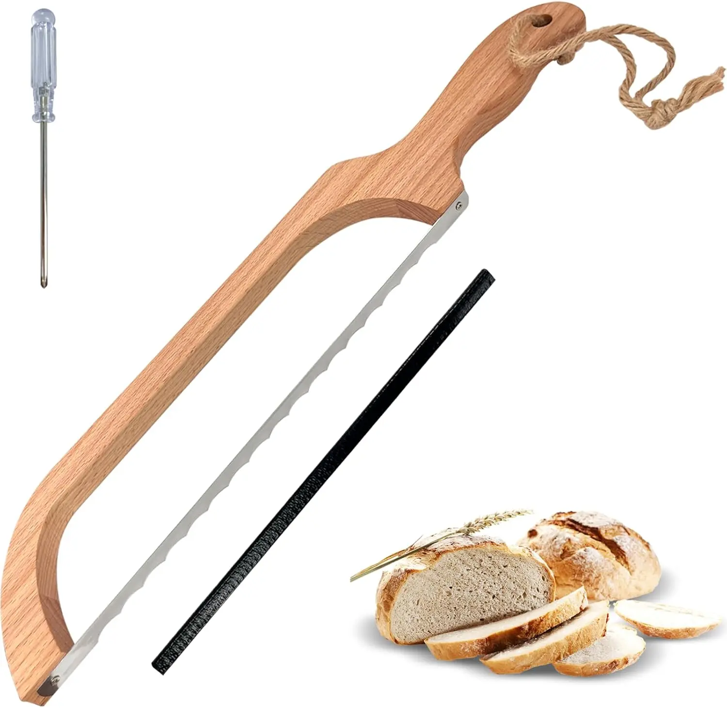 16" Wooden Bow Design Sourdough Bread Knife, Premium Stainless Steel Serrated Cutter for Homemade Bread, Bagels, Baguettes