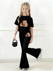 The Female Child Capybara Family-Style Cartoon Print Summer Set T-Shirt With Round Neck And Short Sleeves + Flared Pants, A Casual Streetwear Two-Piece Set, Summer Clothing Set, Comfortable For Daily Use, Versatile For Outdoor Wear, Ideal Gift Choice