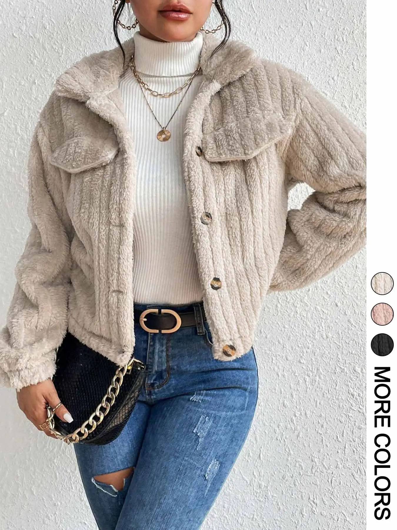 Women's Plush Coat with Front Button Closure, Casual Loose-Fit Outerwear for Fall & Winter Daily Wear, Medium Weight Fabric