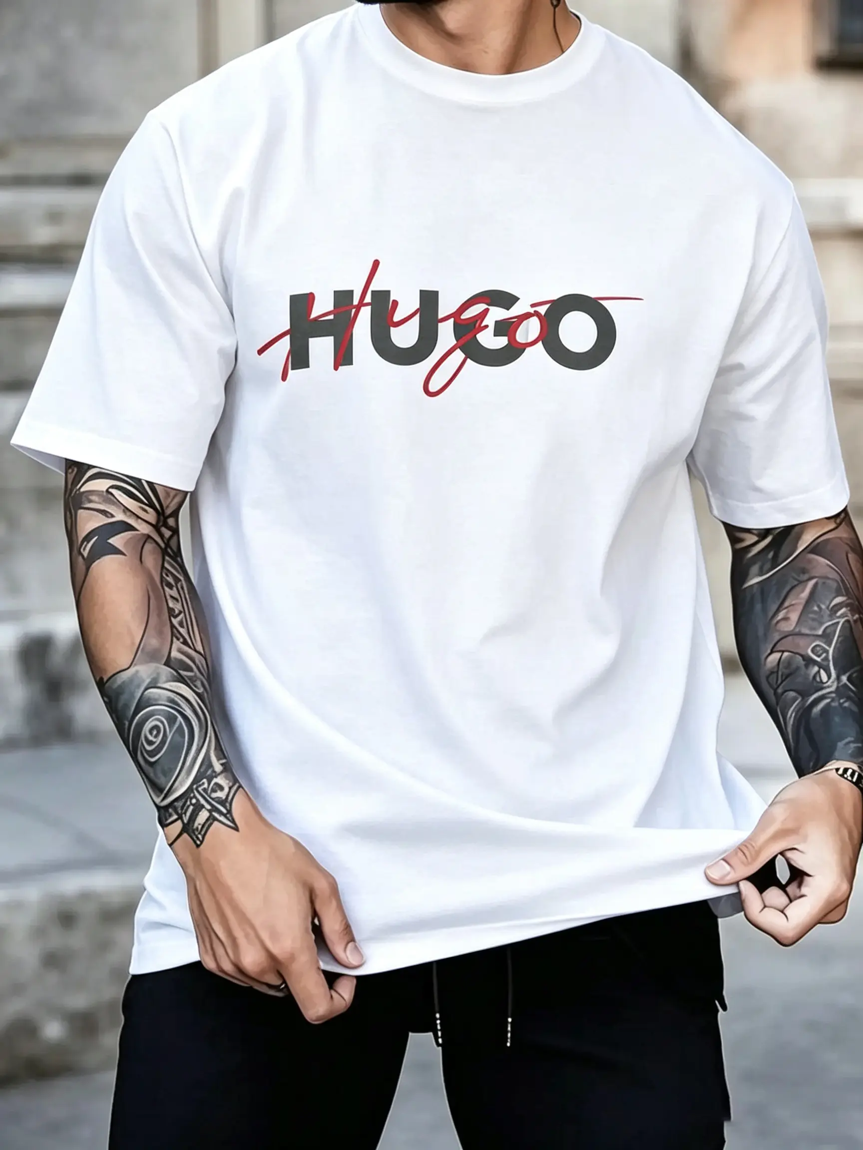 Men's black T-shirt with red printed logo, suitable for daily wear and urban style, suitable for men, women, mothers and friends, couple style, fashionable and loose, youthful and energetic