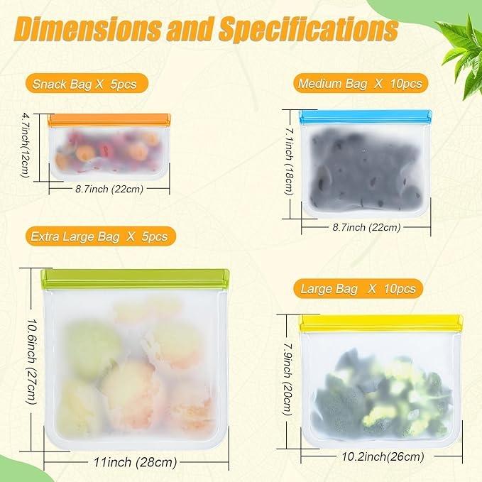 Reusable Silicone Food Bags Set Keep Food Fresh Leak-Proof Storage Kitchen Use