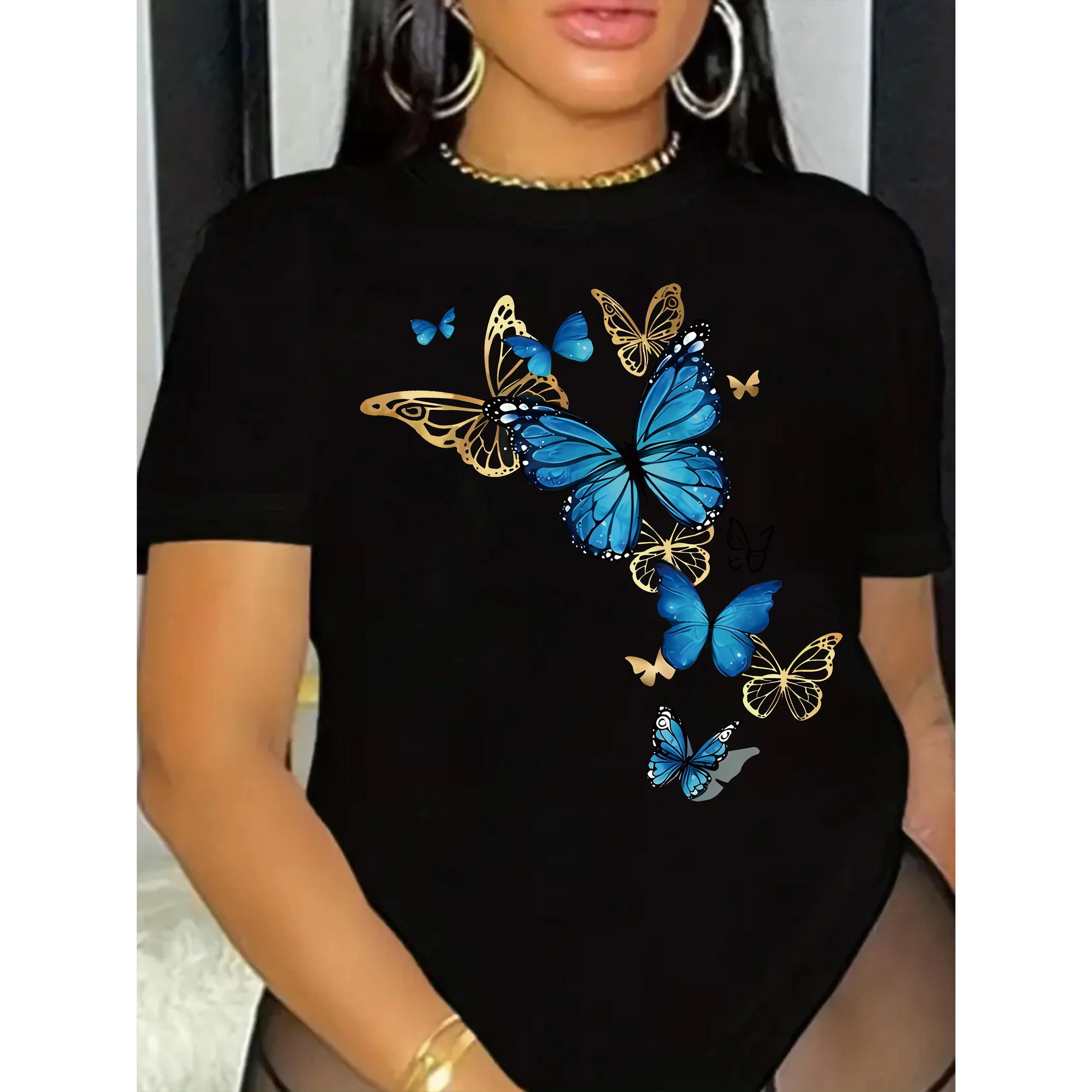 Women's Breathable Combed Cotton Loose Cut Short Sleeve Crew Neck Butterfly Print Casual T-Shirt, Sports & Outdoor Sports Top, T Shirts Women for Spring, Women's T Shirts