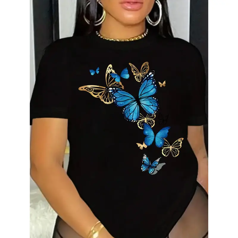 Women's Soft Combed Cotton Crew Neck Short-Sleeve Loose-Fitting Casual Basic Top - Non-Irritating, Non-Sticky, Breathable Butterfly Print Sports Activewear for Spring Outdoor Use