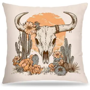Boho Western Cow Skull Pillow Covers 18x18, Rustic Country Southwestern Cactus Desert Decorative Throw Pillow Covers for Bedroom Living Room , Western Room Decor