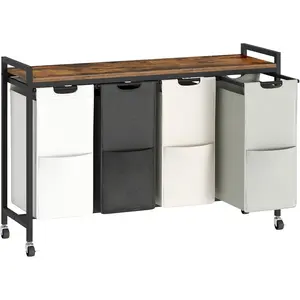 Laundry Sorter 4 Sections, Laundry Hamper with Wheels, 4 * 10.5 Gal (40 L), Rolling Laundry Basket, Pull-Out and Removable Bags, Rustic Brown BFE04XY01