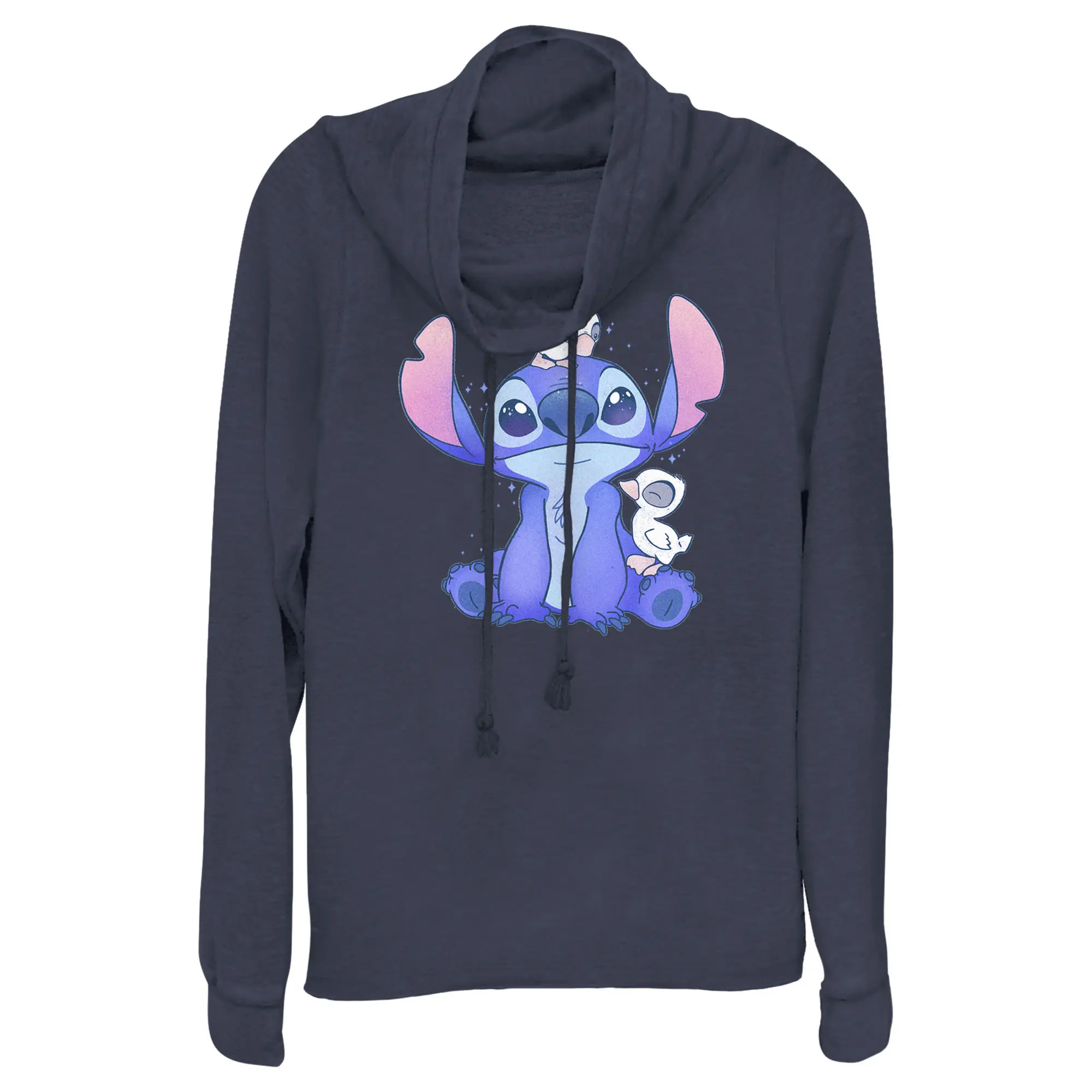 Junior's Women Lilo & Stitch Hanging with Ducks Cowl Neck Sweatshirt