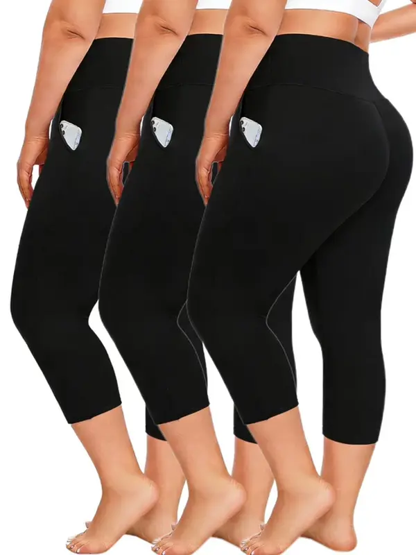 3-Pack Women's Sporty Chic Capri Leggings, High-Waisted Tummy Control Plus Size Clothes up to 5XL, Breathable Polyester Bottoms for Yoga & Run with Side Pockets & Elastic Band, Female