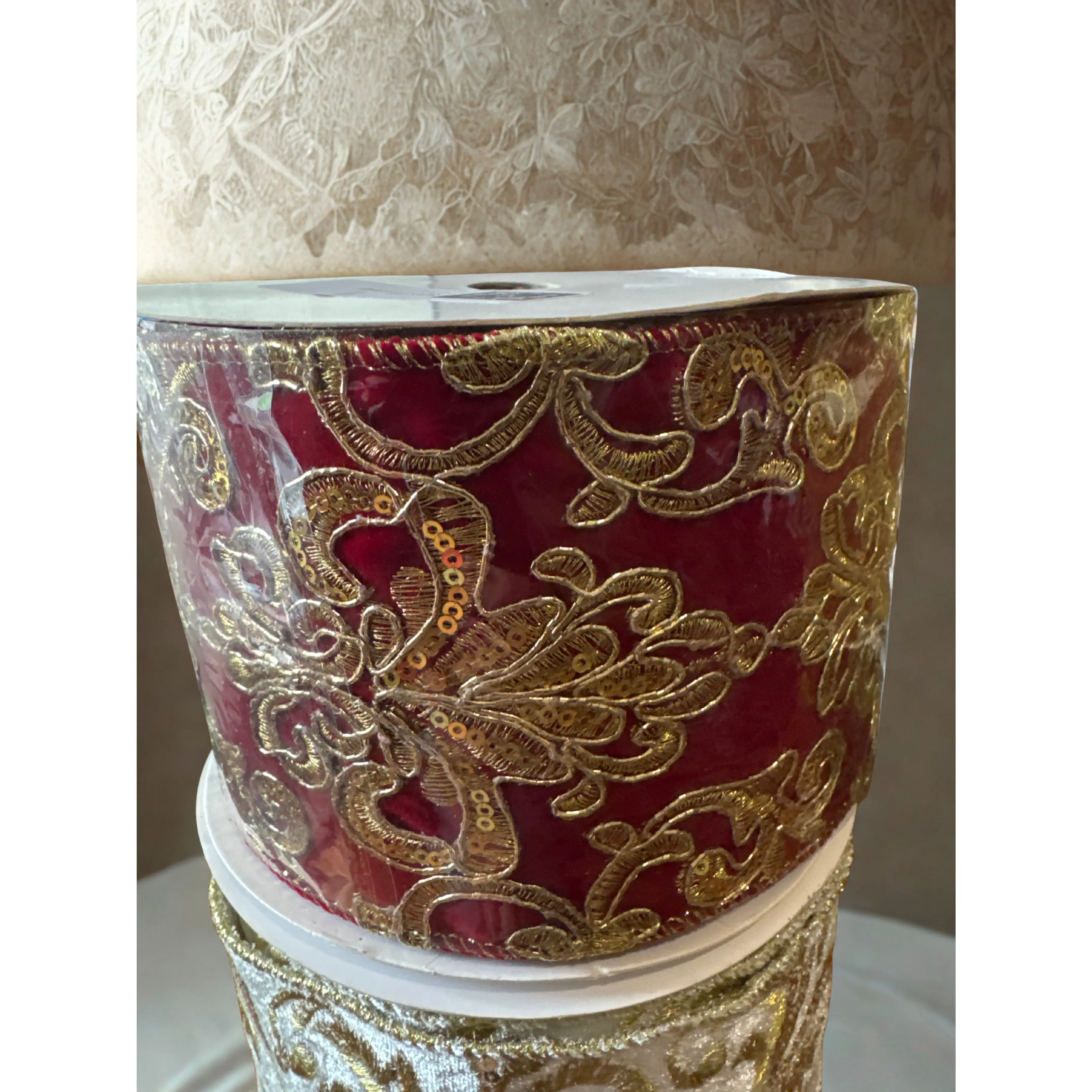 4 In Wide Plush Velvet Ribbon with Ornate Gold Victorian Embroidery - 10 yd Length, Regal Look Sewing Accessory & Haberdashery for DIY Crafts, Bridal Shower Projects
