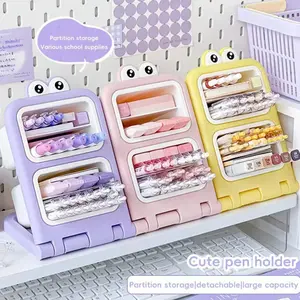 Desktop Slant-Insert Storage Box, Large Capacity Cute Cartoon Layered Pen Holder, Desk Organizer Tidy for School & Office, Girly Office Supplies, Desk Accessories, Stationery Organizer