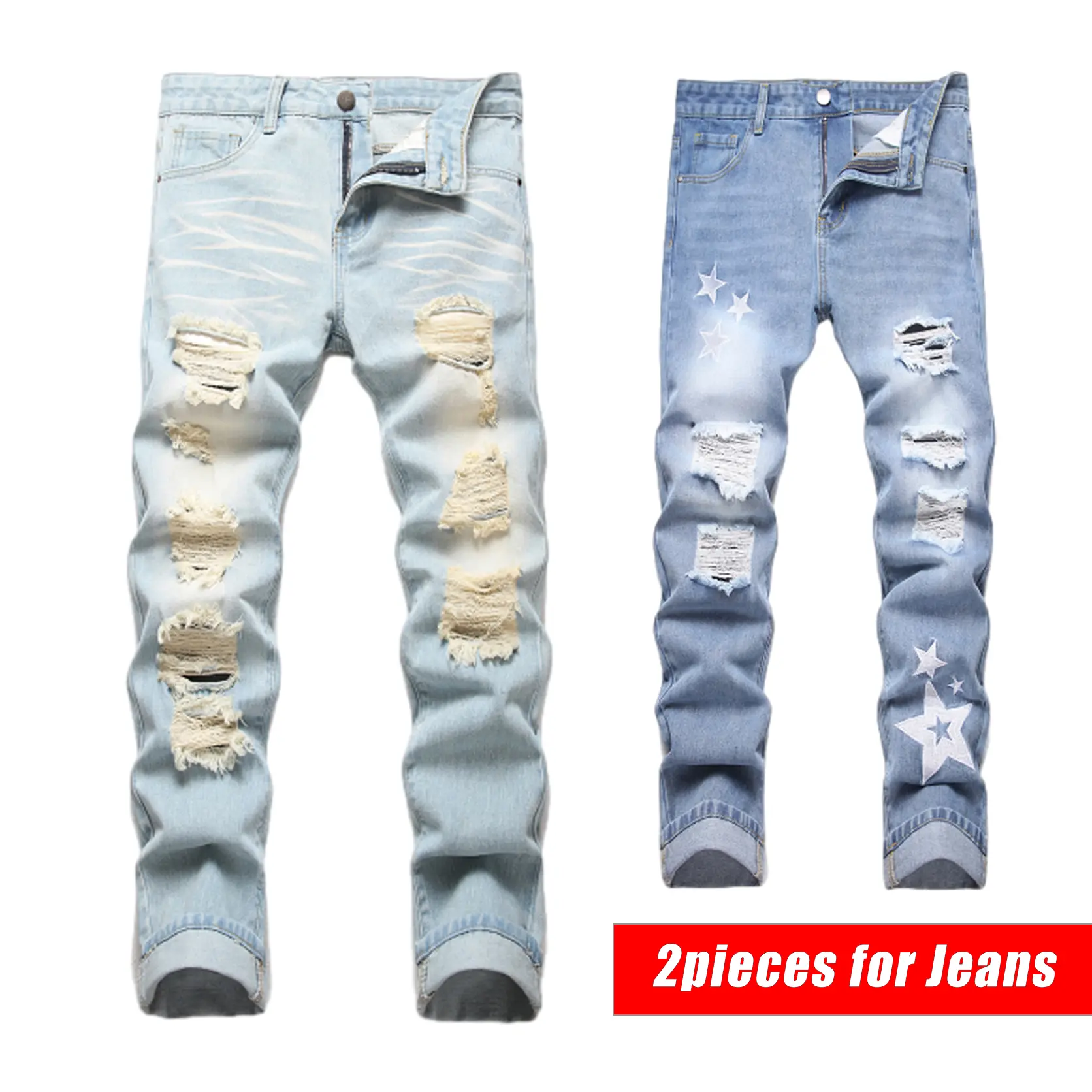Men's 2-Pack Denim Jeans - Vintage Distressed Washed Blue, Slim-Fit, Nineties Damaged Thrift-Inspired Funky Motorcycle Menswear Bottoms, Denim Men's Jeans, Nineties Men's Jeans