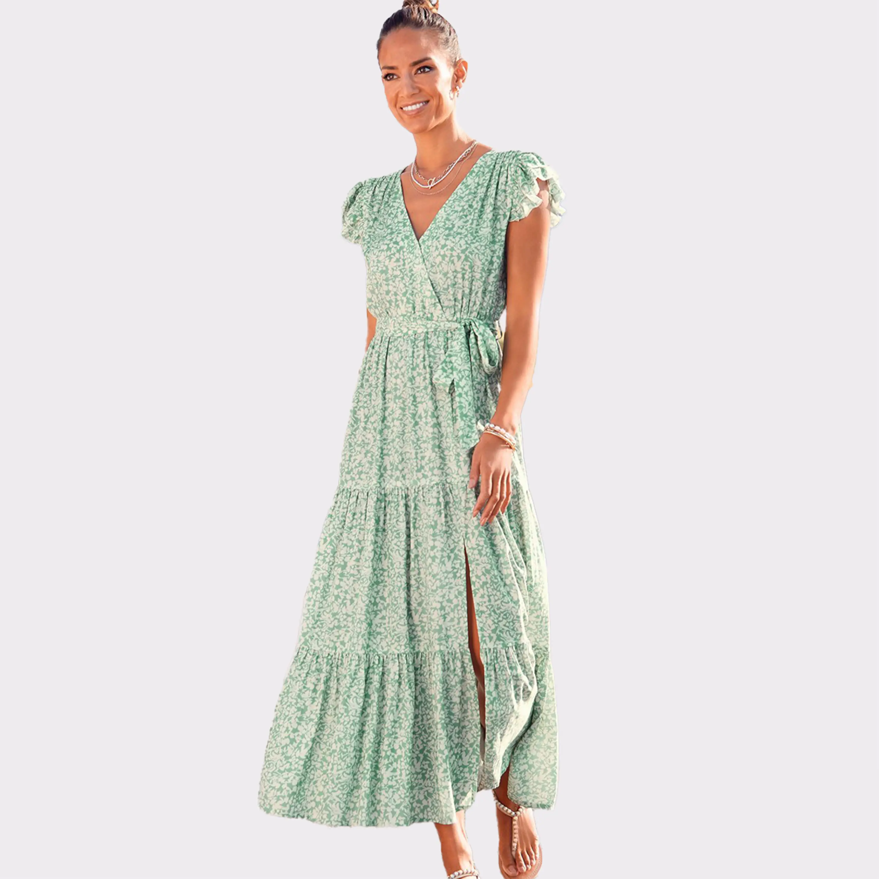 LASCANA Women's Flutter Sleeve Maxi Dress