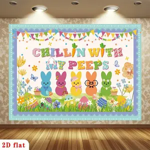 2D Flat Summervibes Easter Bunny Egg-Themed Polyester Backdrop Cloth, 1PC Cartoon Cute Party Decoration Supplies for Kids Parties, Birthday Photo Background Wall