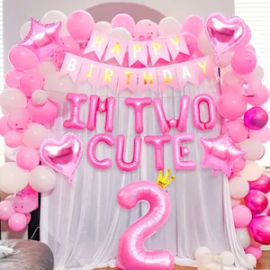 41 PCS Im Two Cute Birthday Decoration Girl Im Two Cute Balloon Pink Number 2 Balloons Girl 2nd Birthday Decoration