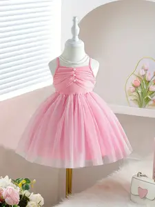 GirlSweet princess style camisole dress for girls in summer, girlish style, knitted and spliced mesh dress, pearl buckle decoration, fluffy mesh skirt, Tulle overlay dress, Valentine's Day gift, suitable for birthday parties