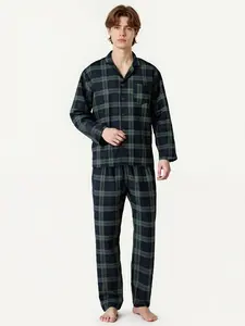 Men's Classic Plaid Print Long Sleeve Blouse & Pants Sleepwear Set, Comfortable Skin-Friendly Homeewear, Fall&winter Fitted Style