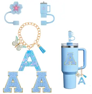(No cup) Cup Accessories for Stanley 30oz 40oz,  5PCS Tumbler Initials Decoration for Stanley, Including Silicone Straw Cover Cap, Handle Letter Charms, Sticker, Blue