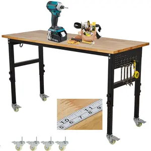 GARVEE 70" Adjustable Workbench with Power Outlets,2000 Lbs Load Capacity Heavy Duty Work Table with Pegboard & Wheels,Rubber Wood Workstation,29"-40"Height Adjustable Work Table for Garage,Workshop,Home