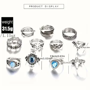 11pcs Vintage Synthetic Gemstone Ring Set - Bohemian Moon And Star Carved Rings, Antique Silvery Tone Jewelry for Layering And Stacking, Boho Fashion Accessory