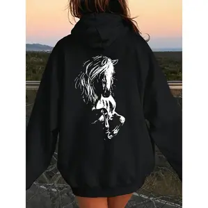 Stylish Geometric Horse Print Polyester Hoodie for Women Cozy Knit Fabric with Hood and Pocket Perfect for Fall and Winter Season