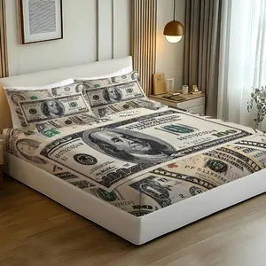 3pcs 100 US dollars Themed Bedding Set, 4 Styles to Choose From USD Pattern Fitted Sheet Set, Decorative bedsheet sets, Suitable for Men and Women, Room Decoration, Soft and Comfortable, Including 1 Fitted Sheet and 2 Pillowcase