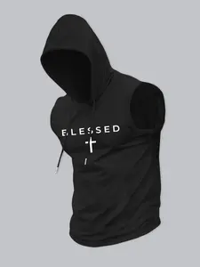 "BLESSED" Cross Geometric Graphic Hooded Fitted Tank Top - Faith-Based Stylish Casual Streetwear Sleeveless Hoodie Graphic Print Hoodie Faith Inspired Hoodie